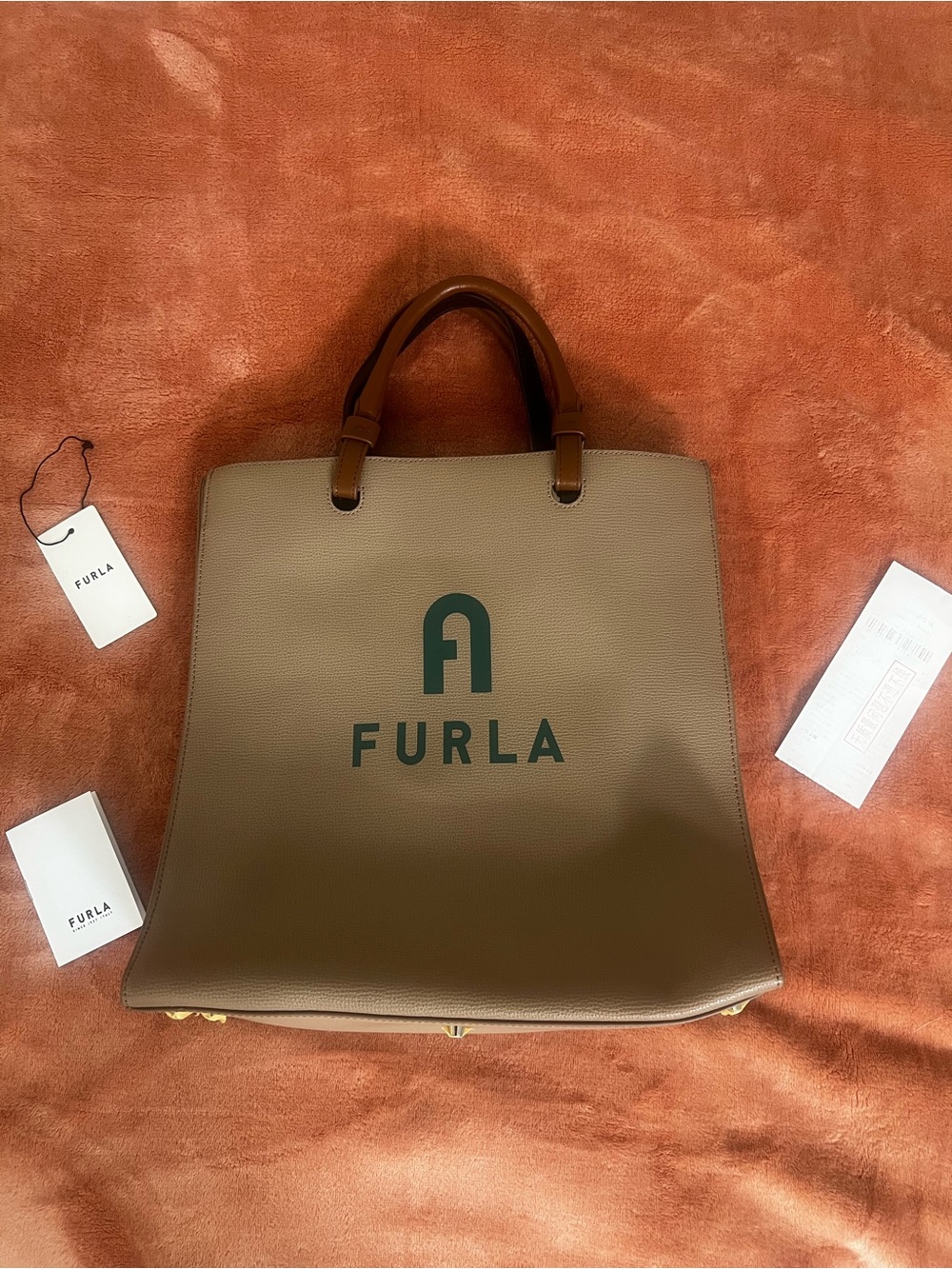 Furla Brown Leather Structured Tote with Dark Brown Handles
